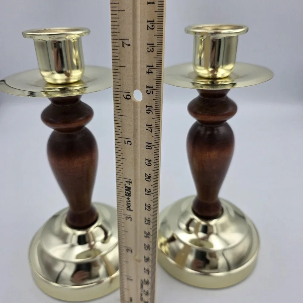 Vtg Home Interior HOMCO Brass &‎ Wood Candle Holders Candlestick Votive Holders